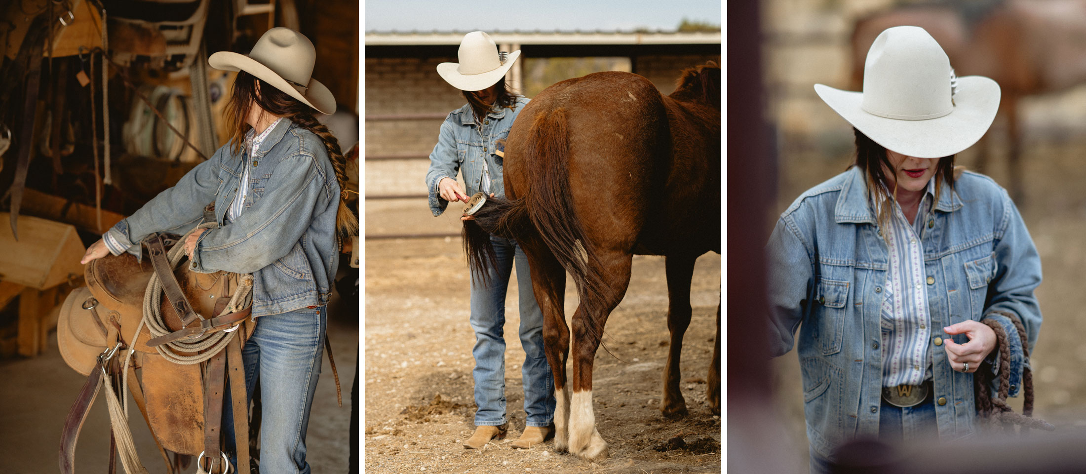 A photo montage of woman preparing to ride a horse.